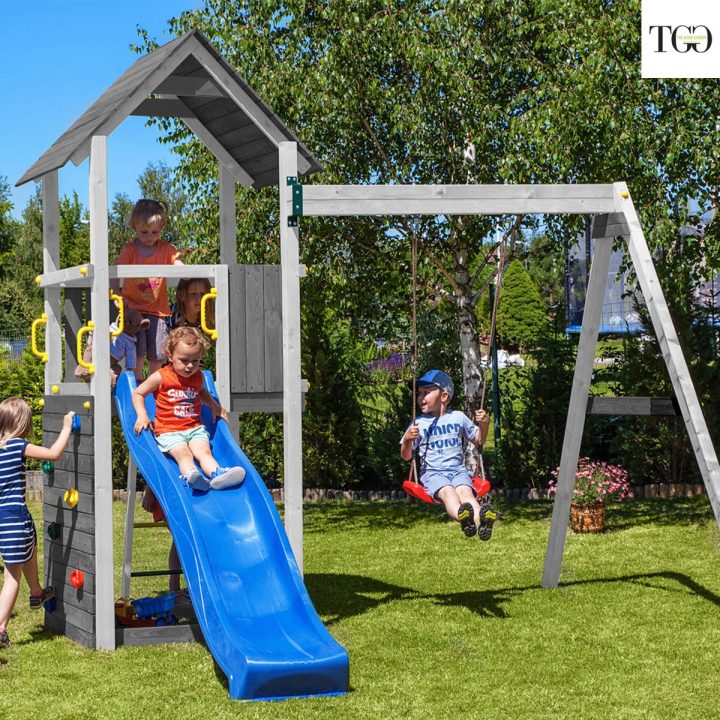 Tobogán y columpio de madera Fungoo Carol 2, parque infantil de madera para jardín, color blanco