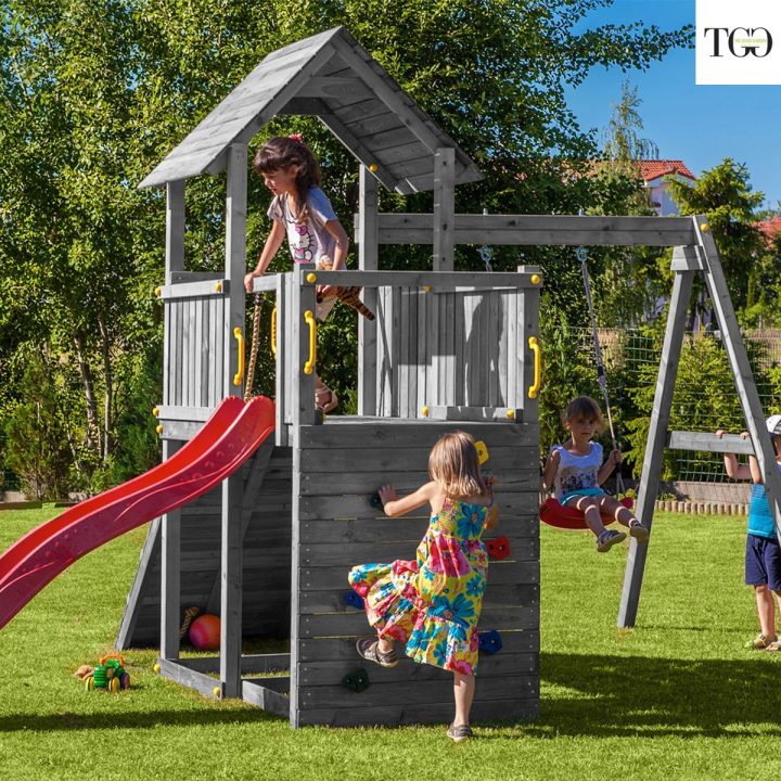 Tobogán, columpio y escalada de madera Fungoo Carol 3 gris de madera para jardín
