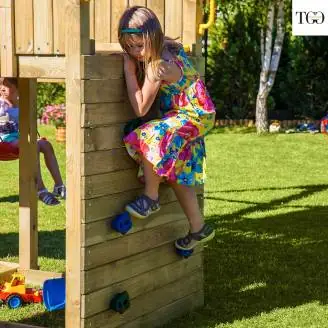 Tobogán, columpio y escalada de madera Fungoo® Carol 3, juego de jardín de madera blanco