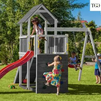 Tobogán, columpio y escalada de madera Fungoo® Carol 3, juego de jardín de madera blanco