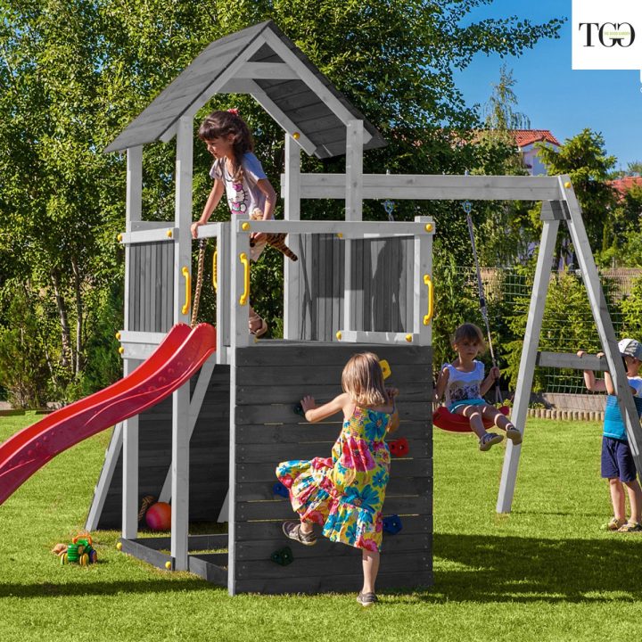 Tobogán, columpio y escalada de madera Fungoo Carol 3, juego de jardín de madera blanco