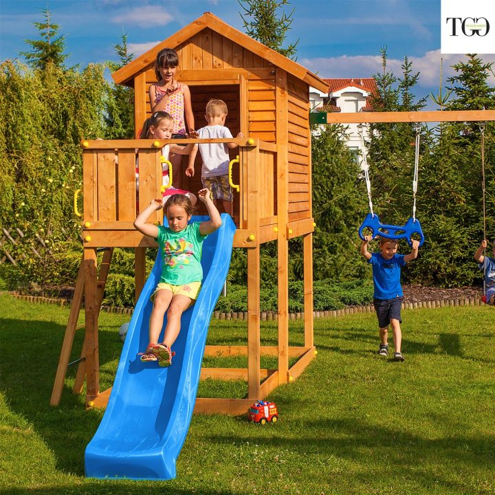 Casa de madera con tobogán Fungoo MyHOUSE MOVE Juego de jardín de madera