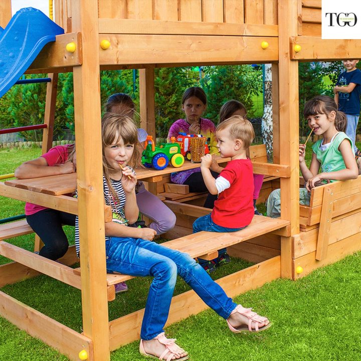 Casita de jardín infantil con tobogán Fungoo MI CASA TIEMPO LIBRE PLAYA Juego de jardín de madera