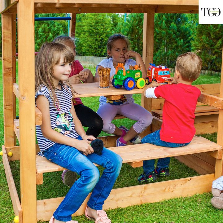 Casita de jardín infantil con tobogán Fungoo MI CASA TIEMPO LIBRE PLAYA Juego de jardín de madera
