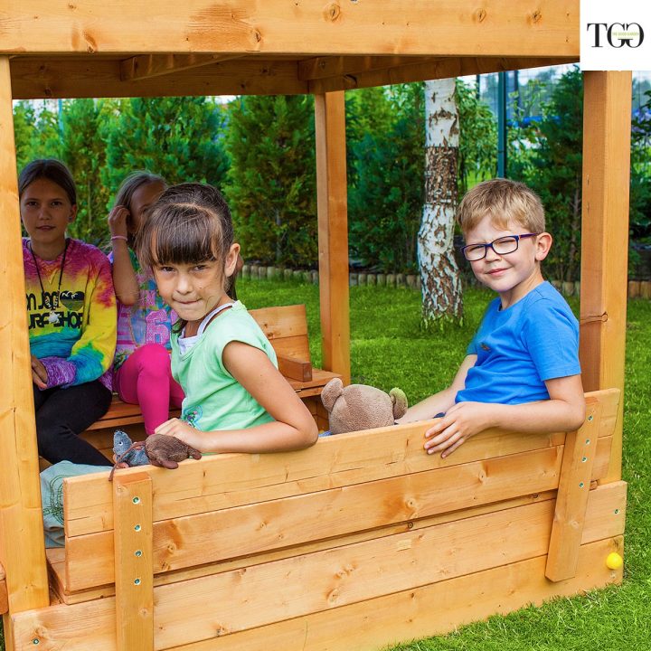 Casita de jardín infantil con tobogán Fungoo MI CASA TIEMPO LIBRE PLAYA Juego de jardín de madera