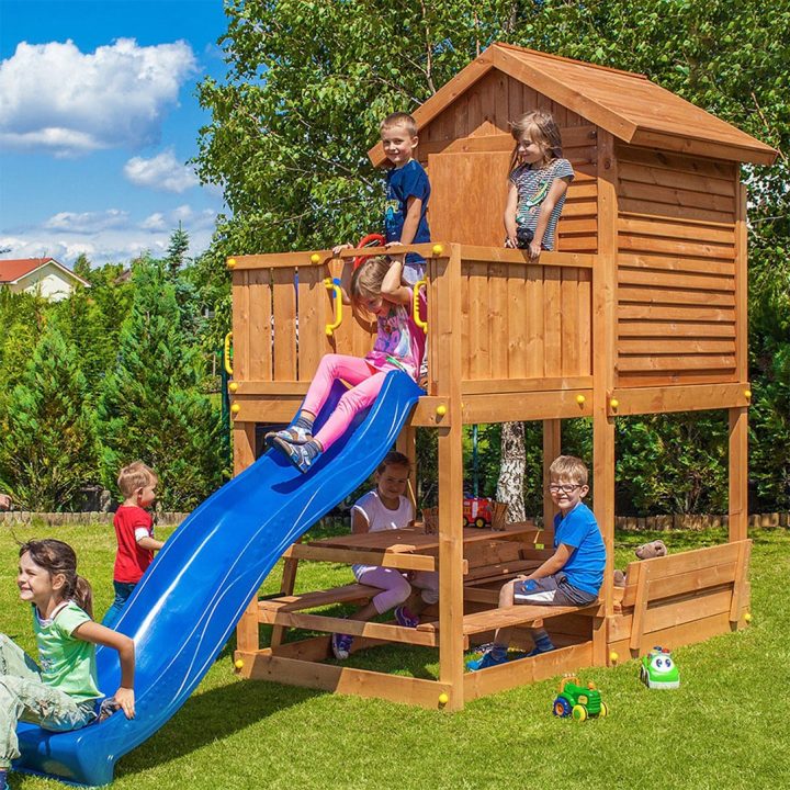 Casita de jardín infantil con tobogán Fungoo MI CASA TIEMPO LIBRE PLAYA Juego de jardín de madera
