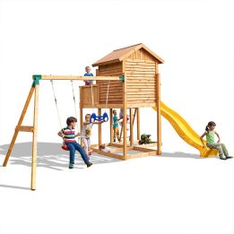 Casita de madera para niños con tobogán y columpio Fungoo® Move MySIDE Juego de jardín de madera