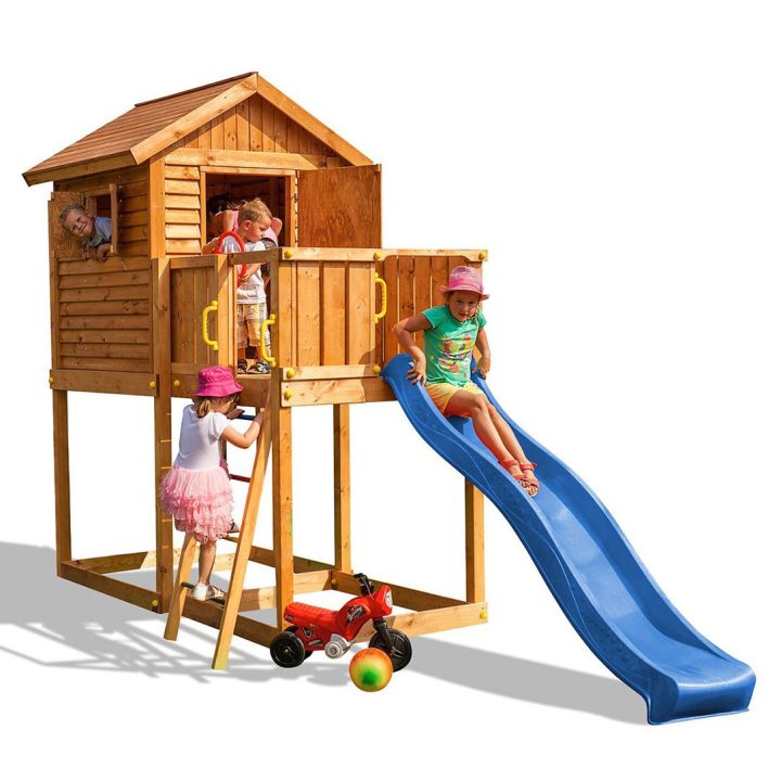 Casa de madera infantil con tobogán Fungoo® MyHouse 1 juego de madera para jardín