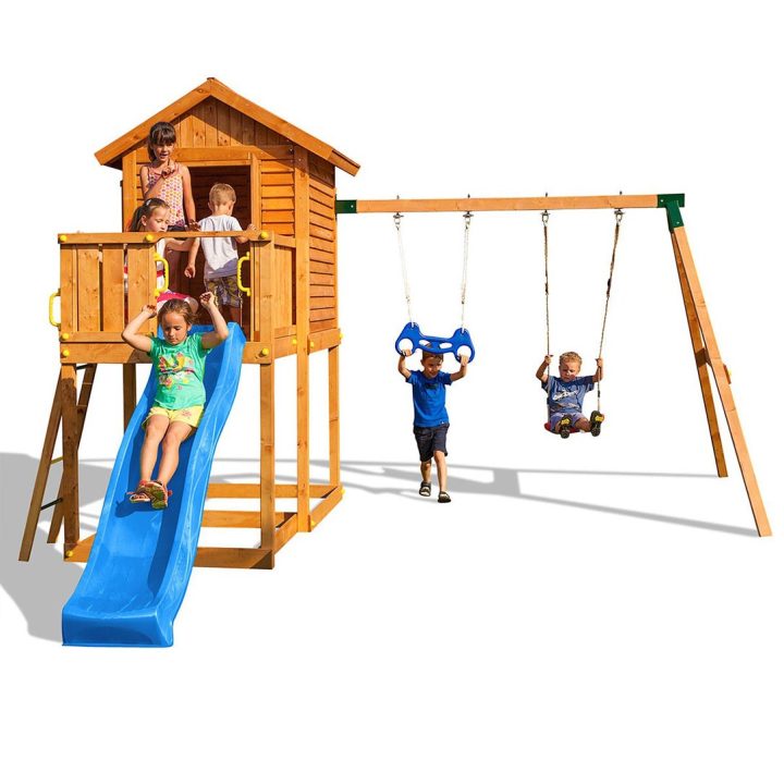 Casita de madera infantil con tobogán Fungoo® MyHOUSE MOVE en madera para jardín