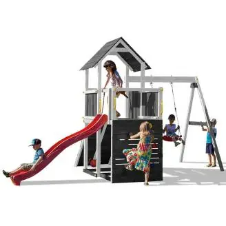Tobogán, columpio y escalada de madera Fungoo® Carol 3, juego de jardín de madera blanco