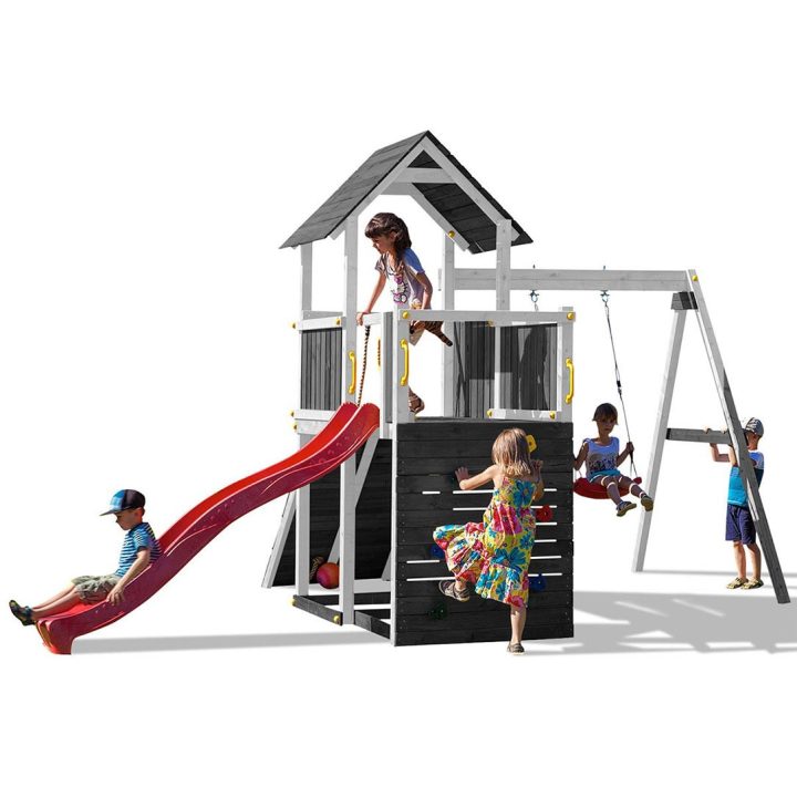 Tobogán, columpio y escalada de madera Fungoo® Carol 3, juego de jardín de madera blanco