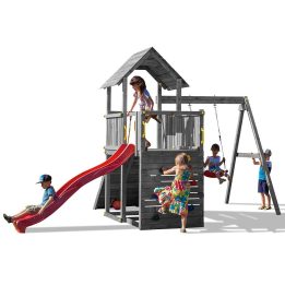 Tobogán, columpio y escalada de madera Fungoo® Carol 3 gris de madera para jardín