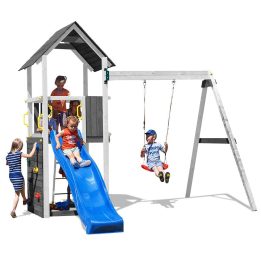 Tobogán y columpio de madera blanco Fungoo® Carol 2 para jardín