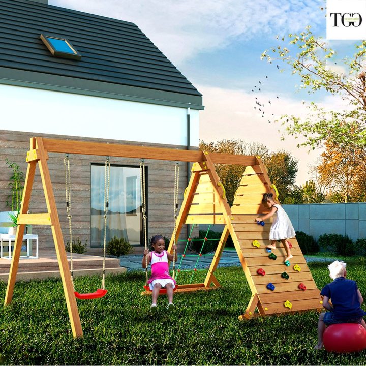 Columpio y juego de escalada de madera Fungoo SPIDER King para jardín