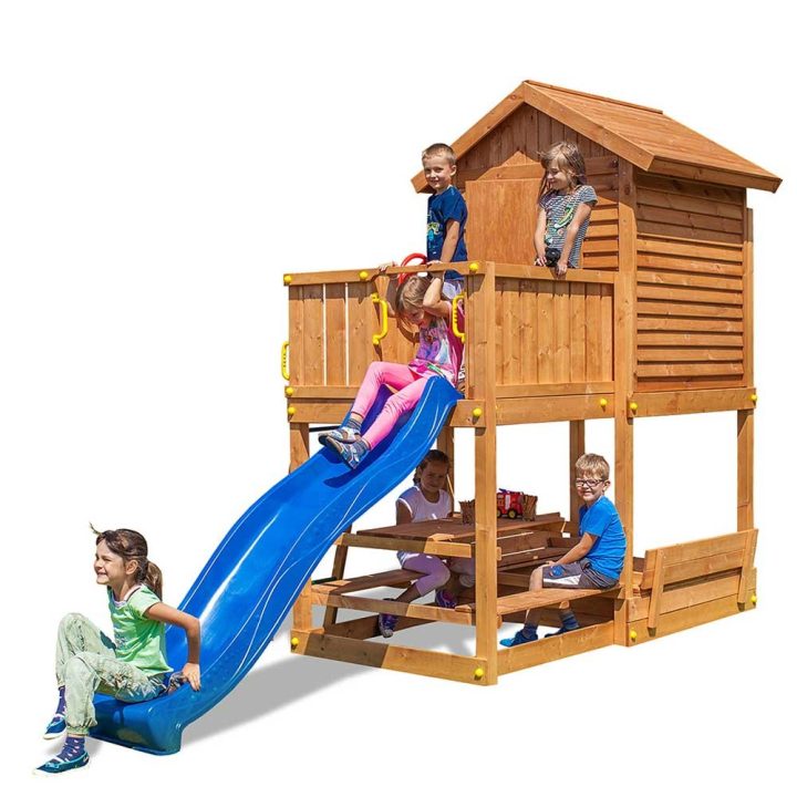 Casita de jardín infantil con tobogán Fungoo MyHOUSE FREE TIME BEACH Juego de jardín de madera