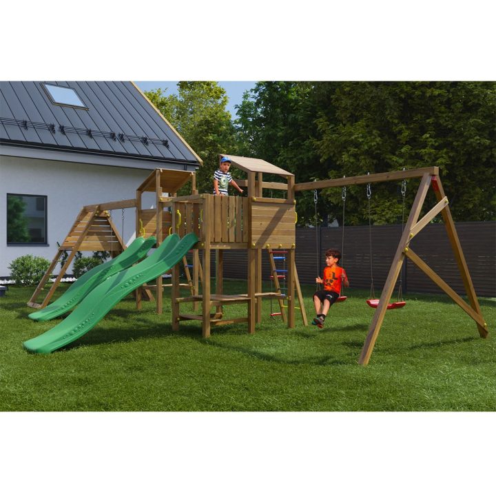 Parque infantil de madera Playland BigFun TGG Play con 3 columpios, 2 toboganes, estructura de escalada y mesa de picni