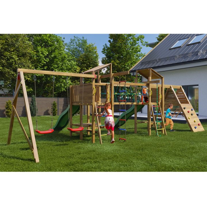 Parque infantil de madera Playland BigFun TGG Play con 3 columpios, 2 toboganes, estructura de escalada y mesa de picni