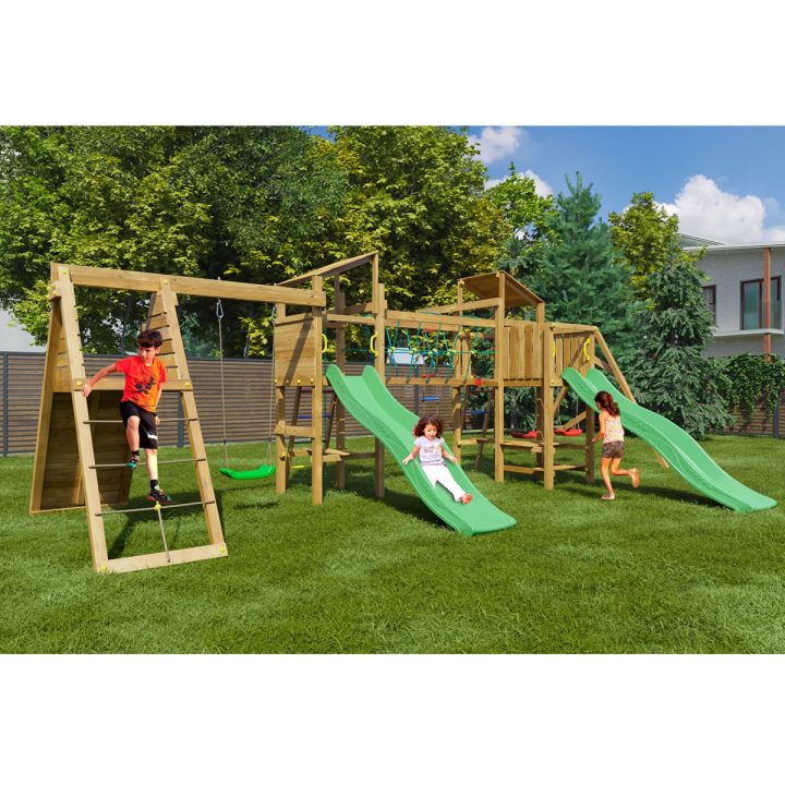 Parque infantil de madera Playland BigFun TGG Play con 3 columpios, 2 toboganes, estructura de escalada y mesa de picni