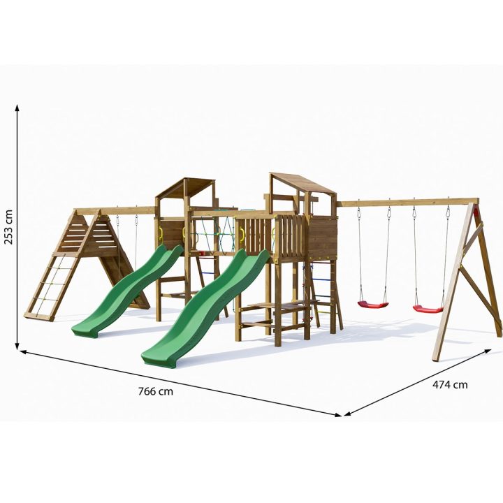 Parque infantil de madera Playland BigFun TGG Play con 3 columpios, 2 toboganes, estructura de escalada y mesa de picni