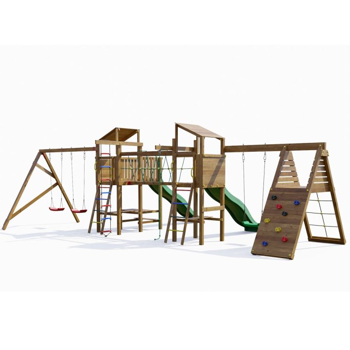 Parque infantil de madera Playland BigFun TGG Play con 3 columpios, 2 toboganes, estructura de escalada y mesa de picni