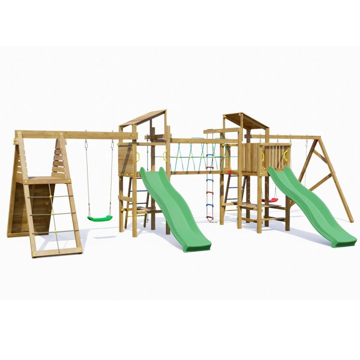 Parque infantil de madera Playland BigFun TGG Play con 3 columpios, 2 toboganes, estructura de escalada y mesa de picni