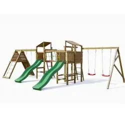 Parque infantil de madera Playland BigFun TGG Play con 3 columpios, 2 toboganes, estructura de escalada y mesa de picni