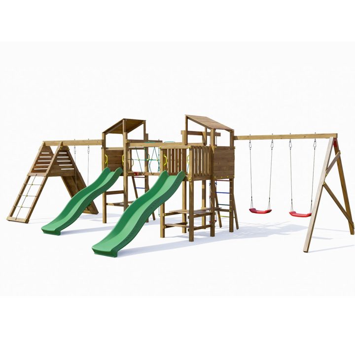 Parque infantil de madera Playland BigFun TGG Play con 3 columpios, 2 toboganes, estructura de escalada y mesa de picni