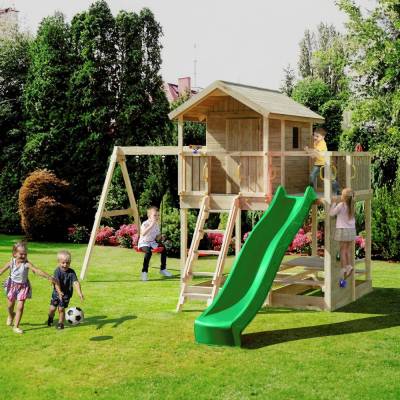 Casita de juegos de madera Fungoo Moonlight con tobogán y dos columpios