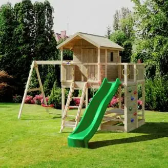 Casita de juegos de madera Fungoo Moonlight con tobogán y dos columpios