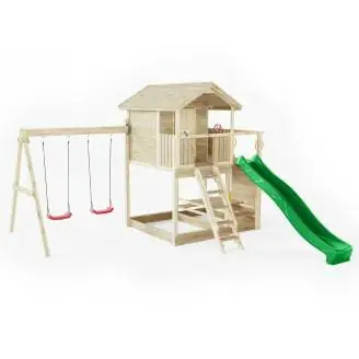 Casita de juegos de madera Fungoo Moonlight con tobogán y dos columpios