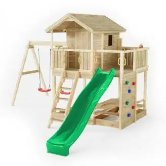 Casita de juegos de madera Fungoo Moonlight con tobogán y dos columpios