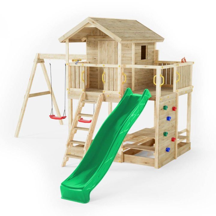 Casita de juegos de madera Fungoo Moonlight con tobogán y dos columpios