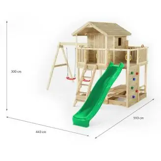Casita de juegos de madera Fungoo Moonlight con tobogán y dos columpios