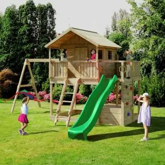 Casita de madera Fungoo Sunshine con tobogán y dos columpios