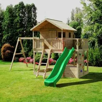 Casita de madera Fungoo Sunshine con tobogán y dos columpios