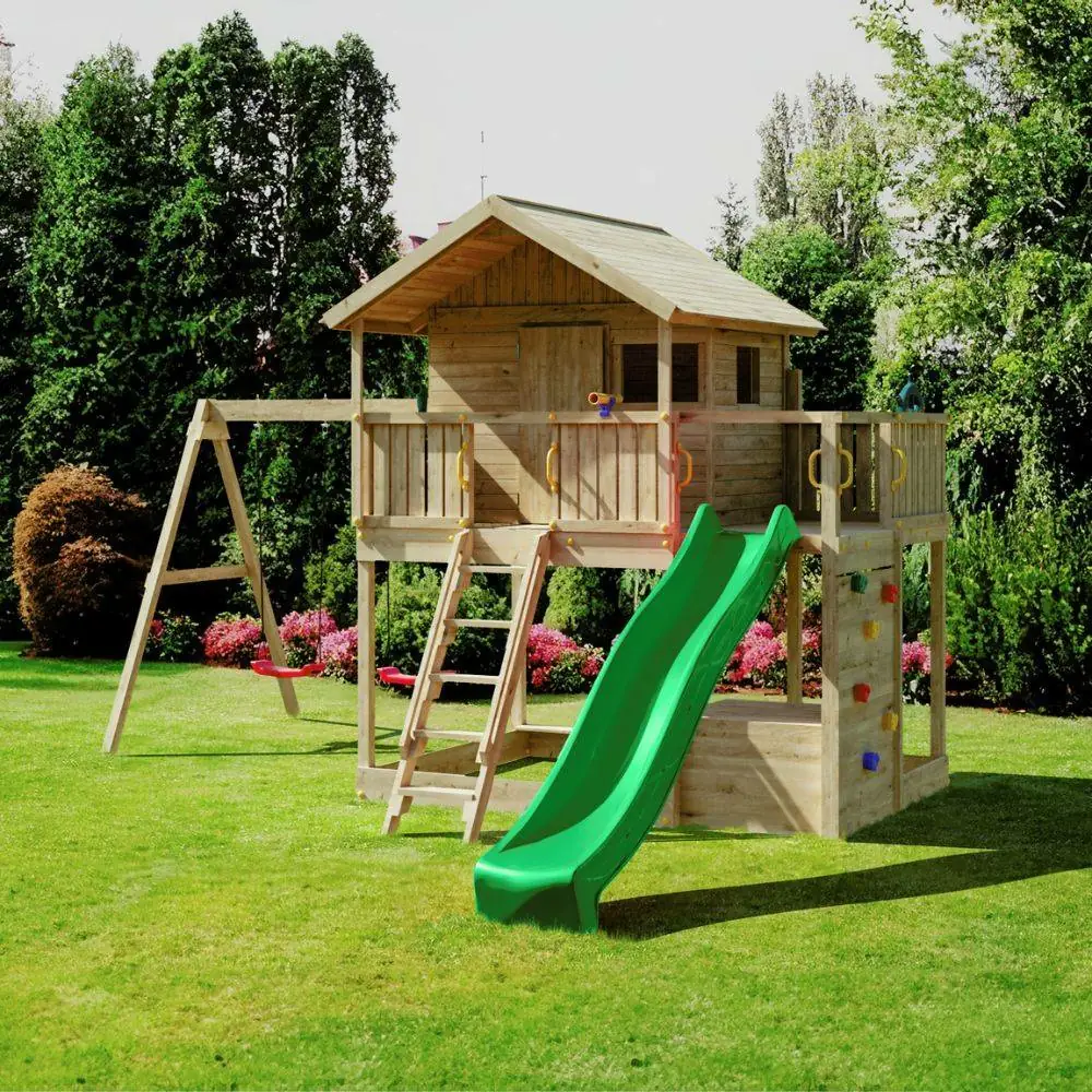 Casita de madera Fungoo Sunshine con tobogán y dos columpios