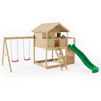 Casita de madera Fungoo Sunshine con tobogán y dos columpios