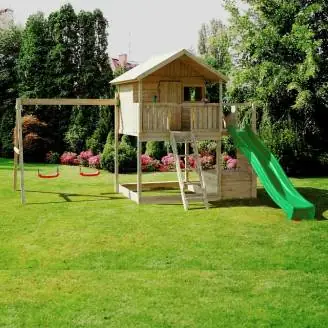 Casita de madera Fungoo Sunshine con tobogán y dos columpios