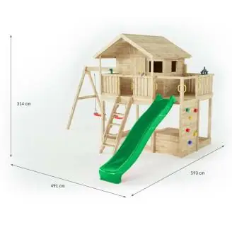 Casita de madera Fungoo Sunshine con tobogán y dos columpios