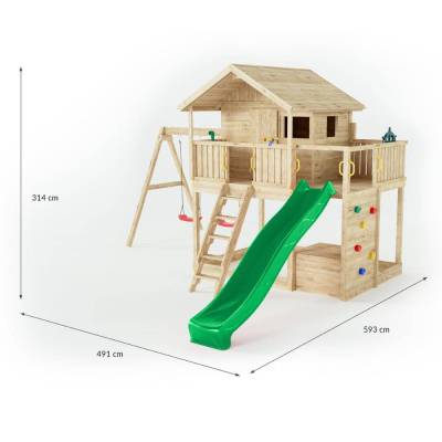 Casita de madera Fungoo Sunshine con tobogán y dos columpios