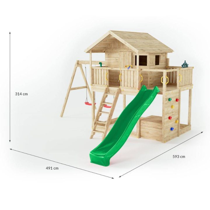 Casita de madera Fungoo Sunshine con tobogán y dos columpios