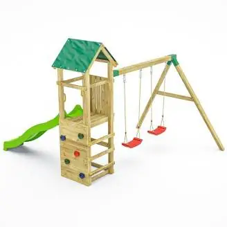 Parque infantil de madera para jardín Fungoo Charly con tobogán, dos columpios y pared de escalada