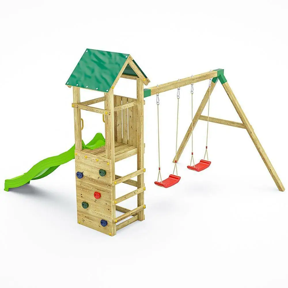 Parque infantil de madera para jardín Fungoo Charly con tobogán, dos columpios y pared de escalada