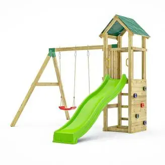 Parque infantil de madera para jardín Fungoo Charly con tobogán, dos columpios y pared de escalada