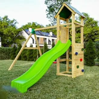 Parque infantil de madera para jardín Fungoo Charly con tobogán, dos columpios y pared de escalada