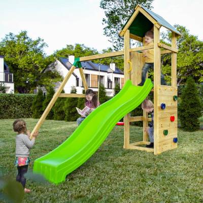 Parque infantil de madera para jardín Fungoo Charly con tobogán, dos columpios y pared de escalada