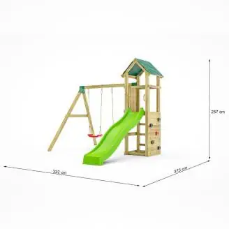 Parque infantil de madera para jardín Fungoo Charly con tobogán, dos columpios y pared de escalada