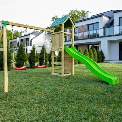 Parque infantil de madera para jardín Fungoo Charly con tobogán, dos columpios y pared de escalada
