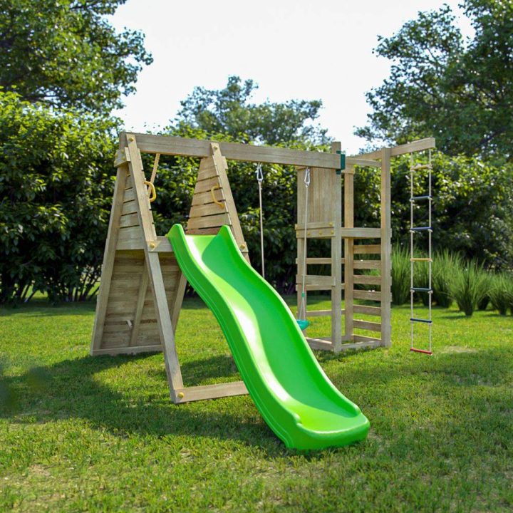 Juego de jardín de madera Fungoo Climber con escalada, tobogán y columpios