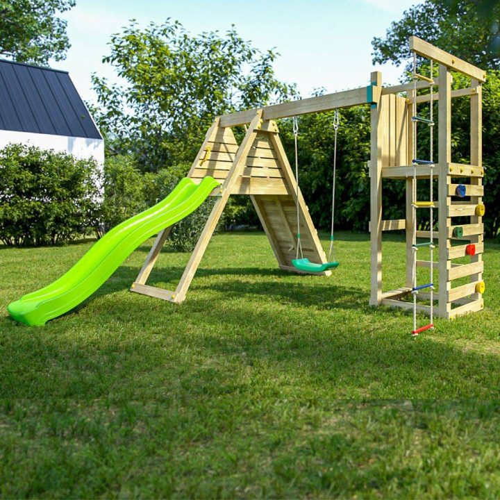 Juego de jardín de madera Fungoo Climber con escalada, tobogán y columpios